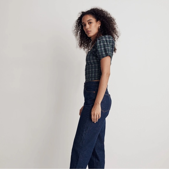 NWT Madewell Hopewell Puff-Sleeve Crop Top in Plaid - Picture 3 of 8